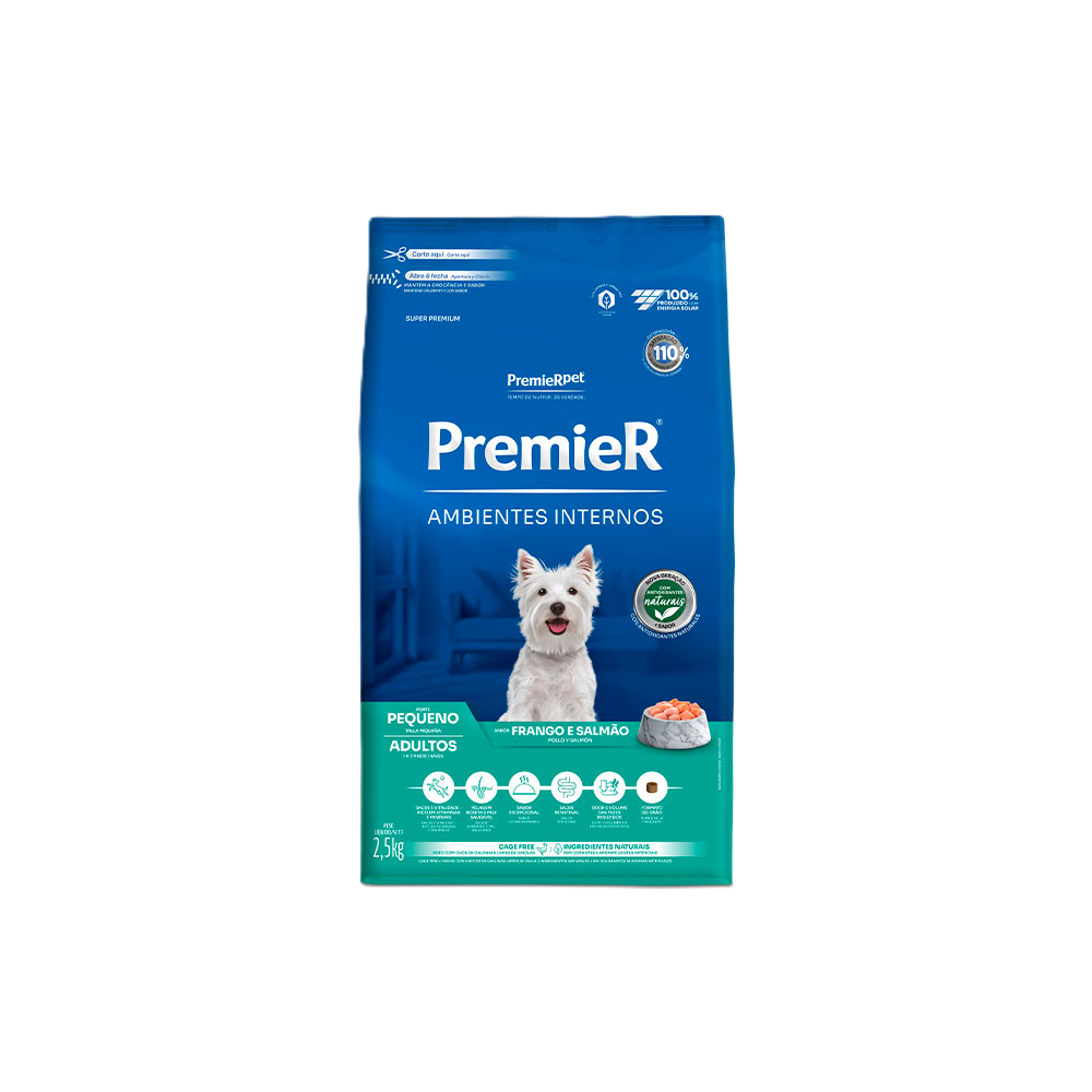 Ração Cão Premier Ambientes Internos Adulto Porte Pequeno Frango e Salmão