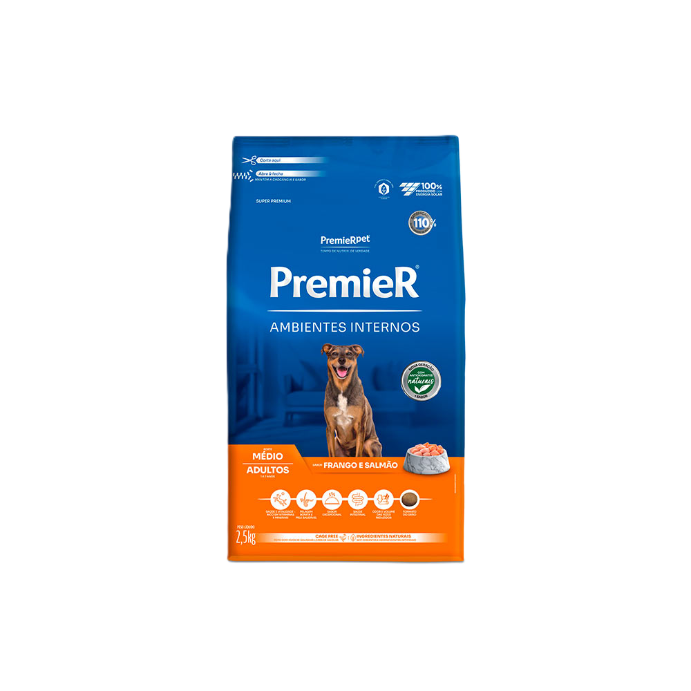 Ração Cão Premier Ambientes Internos Adulto Porte Médio Frango e Salmão