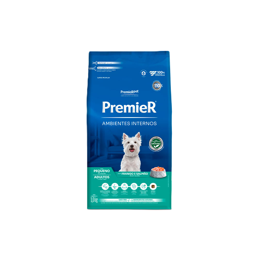 Ração Cão Premier Ambientes Internos Adulto Castrado Frango e Salmão